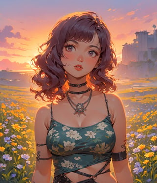 Masterpiece, 4K, ultra detailed, sexy punk woman, choker necklace, long flowy hair, wild flowers, depth of field, SFW, Ukiyoe Art Style, Vintage American illustration's,KidsRedmAF, sunset,