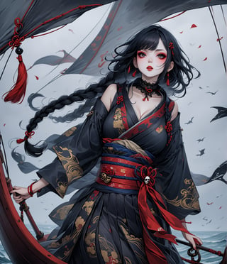 Masterpiece, 4K, ultra detailed, beautiful long braided hair pirates woman, on a haunted sailboat, goth makeup, busty, foggy and windy, more detail XL, SFW, depth of field, (ukiyoe art style), Details,