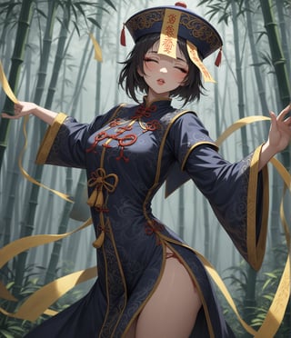 Masterpiece, 4K, ultra detailed, anime style, female Jiangshi with flawless makeup, yellow paper talisman on forehead and glossy lips, eyes closed, dark sheer robe with very long sleeves, arm stretches out to the front, in a misty dark bamboo forest, depth of field, SFW, more detail XL, Ukiyoe Art Style,