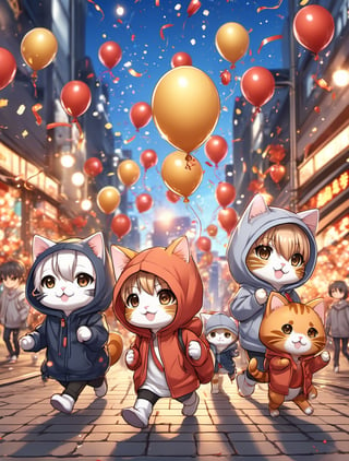 ((anime chibi style)), cute cats in hoodie walking on busy street, new year setting, balloon and firecrackers, dynamic angle, depth of field, detail XL, closeup shot, (anime)