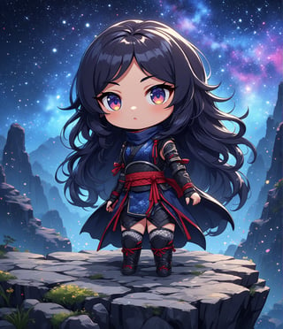 Masterpiece, 4K, ultra detailed, chibi anime style, beautiful female ninja with flawless makeup and glossy lips, long flowy hair wearing ninja outfit, on top of a crystalized rocky cliff, looking at the colorful starry night, depth of field, SFW, Ukiyoe Art Style,