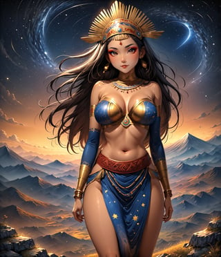 Masterpiece, 4K, ultra detailed, anime style, busty ancient Inca woman standing on mountain top, beautiful flawless face with great makeup, dangling earrings, colorful headpiece, epic starry night, windy, more detail XL, SFW, depth of field, (ukiyoe art style), 