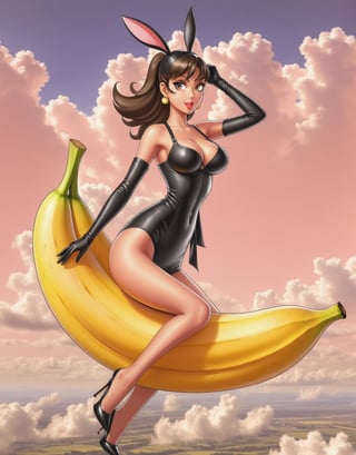 Anime style, Full body closeup portrait, Beautiful girl wearing black Playboy Bunny outfit riding a banana heading to a gigantic peach in the sky, windy, big detailed eyes, highly detailed, fantasy setting, dynamic angle,