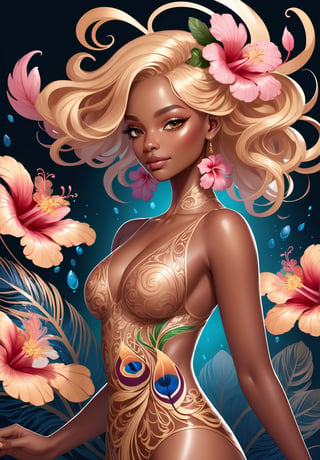 thin and thick color lines stroke, splash art, 1 liquid luminous brown skin lady made of colors, blonde hair, liquid hibiscus flowers, filigree, filigree detailed, swirling peacock feather, intricated pose, big beautiul eyes, slim waist and wide hips, 