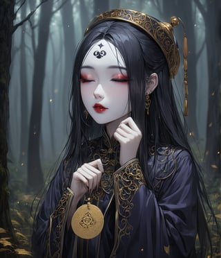 Masterpiece, 4K, ultra detailed, anime style, frightening female Jiangshi with flawless goth makeup, paper talisman on forehead and glossy lips, eyes closed, golden earring, wavy long hair, dark silk robe with very long sleeves, in a misty dark forest, depth of field, SFW, more detail XL,