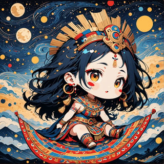 Masterpiece, 4K, ultra detailed, chibi anime style, busty ancient Inca woman sitting on a flying carpet in the sky, beautiful flawless face with great makeup, dangling earrings, colorful headpiece, epic starry night, windy, more detail XL, SFW, depth of field, (ukiyoe art style), Ink art,Deformed,