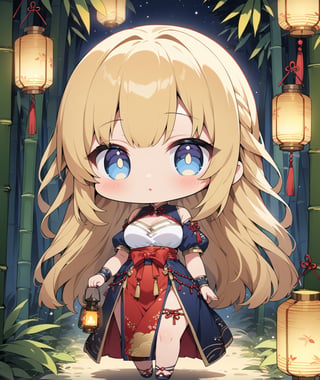 ((chibi anime style)),  masterpiece, 4K, 1 blonde girl with long hair wearing a traditional Asian dress holding a lantern, walking in a bamboo forest, medium breasts and detail eyes looking at viewers, more detail XL, SFW, nighttime, moonlight,