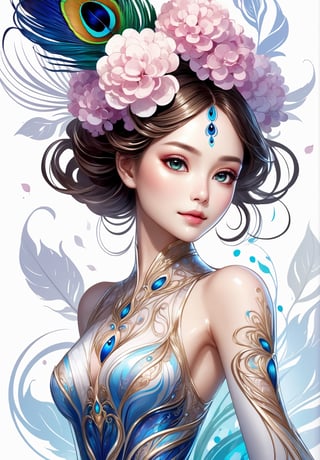 thin and thick color lines stroke, splash art, 1 liquid luminous lady made of colors, liquid hydrangea flowers, filigree, filigree detailed, swirling peacock feather, intricated pose, big beautiul eyes, slim waist, medium shot,