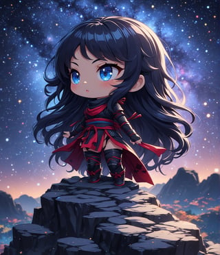 Masterpiece, 4K, ultra detailed, chibi anime style, beautiful female ninja with flawless makeup and glossy lips, long flowy hair wearing ninja outfit, on top of a crystalized rocky cliff, looking at the colorful starry night, depth of field, SFW, Ukiyoe Art Style,