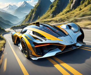 Solo, anime style, futuristic race car in mountainous road, driving in high speed, dynamic angle, more detail XL, ,DonMX3n0T3chXL