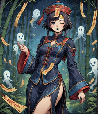 Masterpiece, 4K, ultra detailed, anime style, female Jiangshi with flawless makeup, yellow paper talisman tape on forehead and dark blue lips, 1 eye closed, dark sheer robe with very long sleeves, in a dark bamboo forest at night, floating ghost spirit in the back, depth of field, SFW, more detail XL, art nouveau art style,