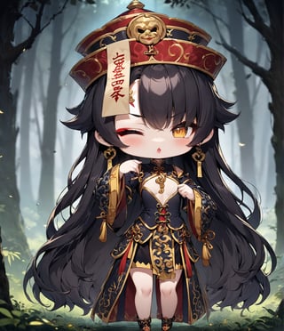 Masterpiece, 4K, ultra detailed, chibi anime style, frightening female Jiangshi with flawless goth makeup, paper talisman on forehead and glossy lips, eyes closed, golden earring, wavy long hair, dark silk robe with very long sleeves, in a misty dark forest, depth of field, SFW, more detail XL,