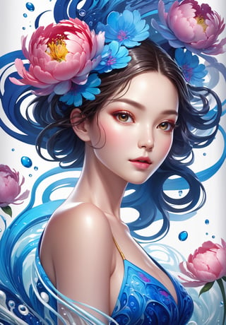 thin and thick color lines stroke, splash art, 1 liquid luminous lady made of colors, liquid blue peony flowers, filigree, filigree detailed, swirling water, intricated pose, big beautiul eyes, curvy hips, medium shot,