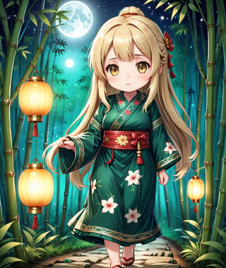 ((Chibi anime style)),  masterpiece, 4K, 1 blonde girl with long hair wearing a traditional Asian dress holding a lantern, walking in a bamboo forest, large breasts and detail eyes looking at viewers, more detail XL, SFW, nighttime, moonlight,