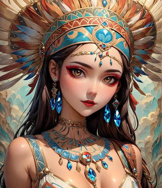 Masterpiece, 4K, ultra detailed, anime style, 1 female American Indians chief looking at viewers, beautiful flawless face with glamourous makeup, dangling crystal earrings, more detail XL, SFW, depth of field, art nouveau style,