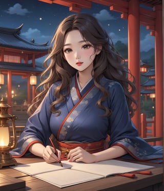 Masterpiece, 4K, ultra detailed, Sketchbook Style, 1 beautiful woman with long wavy hair and glossy lips wearing traditional Asian outfit, paper scroll on table, in shrine at night, oil lamp, windy, SFW, depth of field,