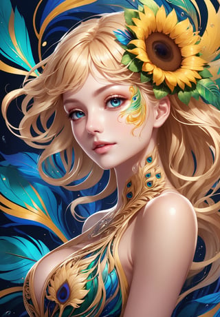 thin and thick color lines stroke, splash art, 1 liquid luminous lady made of colors, blonde hair, liquid sunflowers, filigree, filigree detailed, swirling peacock feather, intricated pose, big beautiul eyes, slim waist, medium shot,