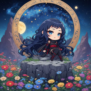 Masterpiece, 4K, ultra detailed, chibi anime style, beautiful female ninja with flawless makeup and glossy lips, long flowy hair wearing ninja outfit, on top of a crystalized rocky cliff, looking at the colorful starry night, wild flowers, depth of field, SFW, Art Nouveau,