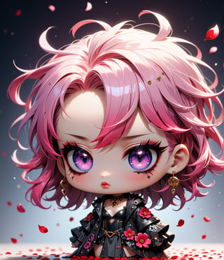 Masterpiece, 4K, ultra detailed, chibi anime style, beautiful female singer with dark makeup, beautiful detailed eyes and glossy lips, golden earring, long purple and pink ombre hair, flowy sheer robe, romantic flower petals, windy, depth of field, SFW, more detail XL, punk art style,