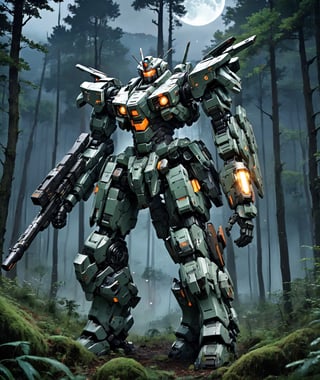 anime style, futuristic mech armor power suit in a forest at nighttime, moving on a hillside, dynamic angle, more detail XL,armored core,机甲