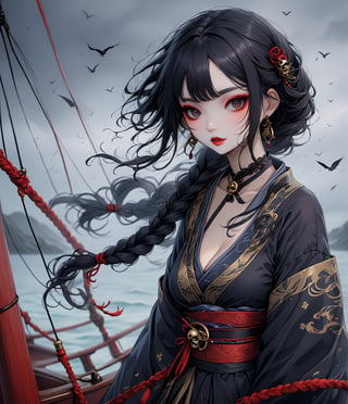 Masterpiece, 4K, ultra detailed, beautiful long braided hair pirates woman, on a haunted sailboat, goth makeup, busty, foggy and windy, more detail XL, SFW, depth of field, (ukiyoe art style), Details,