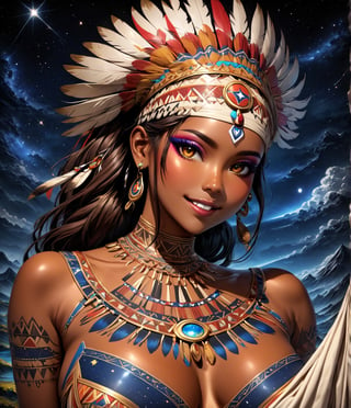 Masterpiece, 4K, ultra detailed, anime style, 1 brown skinned female American Indians chief smiling at viewers, beautiful flawless face with glamourous makeup, dangling earrings, more detail XL, SFW, starry night, depth of field, ,Ink art