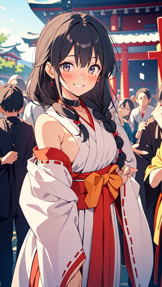 masterpiece, best quality, super detail, 1girl, Shrine Maiden costume, shrine_maiden, miko, embarrassing, (embarrassed smile), blush, detailed face, detailed eyes, black hair, braided_hair, collar, (at the Shrine), (in front of crowd), bokeh, looking at viewer