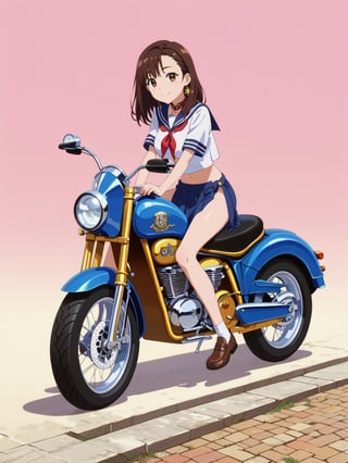 1girl, score_9, score_8_up, score_7_up, masterpiece, absurdres, brunette, brown eyes, shoulder-length_hair, hair behind ear, asymmetrical bangs, smile, looking at viewer, collar, sailor collar, school uniform, loincloth, under_boob, chibi, riding a motorbike, vespa, full body shot, in the street, anime screencap, score_anime