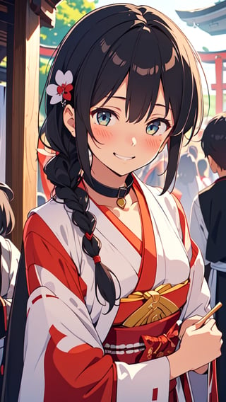 masterpiece, best quality, super detail, 2girl, Shrine Maiden costume, shrine_maiden, miko, embarrassing, (embarrassed smile), blush, detailed face, detailed eyes, black hair, braided_hair, collar, (at the Shrine), (in front of crowd), bokeh, looking at viewer