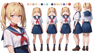 1girl, score_9, score_8_up, score_7_up, masterpiece, absurdres, blonde hair, blue eyes, twintail, collar, sailor_collar, micro mini skirt, embarrassed smile, character sheet