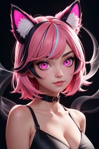 1girl,animal ears,solo,black hair,glowing,glowing eyes,animal ear fluff,multicolored hair,bangs,looking at viewer,smoke,cat ears,pink eyes,slit pupils,portrait,colored inner hair,pink hair,short hair,