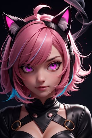 1girl,animal ears,solo,black hair,glowing,glowing eyes,animal ear fluff,multicolored hair,bangs,looking at viewer,smoke,cat ears,pink eyes,slit pupils,portrait,colored inner hair,pink hair,short hair,