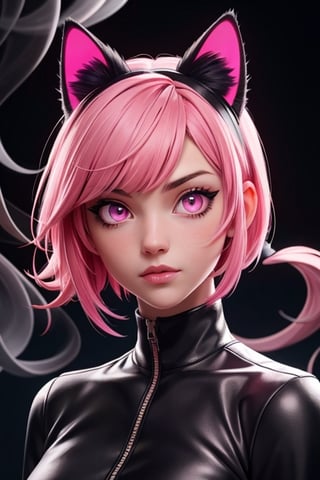 1girl,animal ears,solo,black hair,glowing,glowing eyes,animal ear fluff,multicolored hair,bangs,looking at viewer,smoke,cat ears,pink eyes,slit pupils,portrait,colored inner hair,pink hair,short hair,