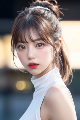 Beautiful Korean woman, kpop idol, (white hair), (ponytail), (olive skin), symmetrical eyes, (tight all white sleeveless body suit), (red lips), (small breasts), ((8k, RAW photo, highest quality, masterpiece), High detail RAW color photo professional photo, (realistic, photorealism:1. 5), (highest quality), (best shadow), (best illustration), ultra high resolution, highly detailed CG unified 8K wallpapers, physics-based rendering, cinematic lighting, photorealistic, photo, masterpiece, realistic, realism, photorealism, high contrast, photorealistic digital art trending on Artstation 8k HD high definition detailed realistic, detailed, skin texture, hyper detailed, realistic skin texture, armature, best quality, ultra high res, (photorealistic:1. 4), high resolution, detailed, raw photo, sharp, d850 film stock photograph 4 kodak portra 400 camera f1. 6 lens rich colors hyper realistic lifelike texture dramatic lighting unreal engine trending on artstation cinestill 800),weiboZH,momo_burlesque