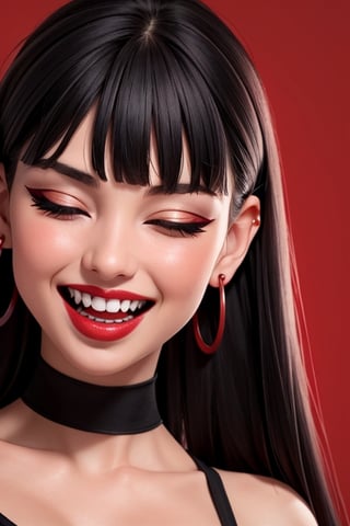 1girl,solo,black hair,jewelry,earrings,teeth,open mouth,red eyes,bangs,long hair,red lips,blunt bangs,makeup,tongue,sharp teeth,red theme,smile,closed eyes,upper body,lipstick,fangs,