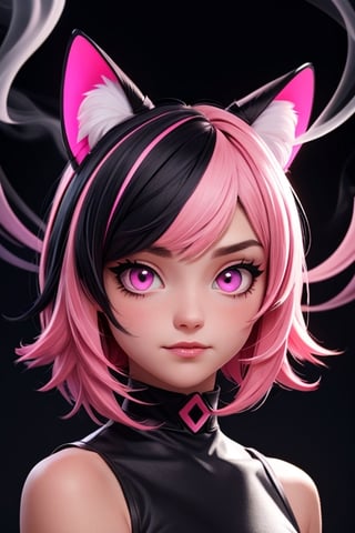 1girl,animal ears,solo,black hair,glowing,glowing eyes,animal ear fluff,multicolored hair,bangs,looking at viewer,smoke,cat ears,pink eyes,slit pupils,portrait,colored inner hair,pink hair,short hair,