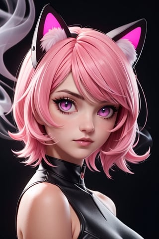 1girl,animal ears,solo,black hair,glowing,glowing eyes,animal ear fluff,multicolored hair,bangs,looking at viewer,smoke,cat ears,pink eyes,slit pupils,portrait,colored inner hair,pink hair,short hair,