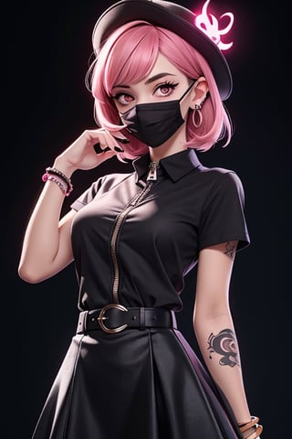 1girl,jewelry,black hair,solo,ring,hat,mask,pink eyes,mouth mask,looking at viewer,earrings,tattoo,hair bun,short hair,multiple rings,black headwear,piercing,black nails,bangs,glowing,short sleeves,blunt bangs,ear piercing,skirt,cowboy shot,arm tattoo,bracelet,zipper,belt,breasts,nail polish,skull,black skirt,glowing eyes,hand up,black shirt,pink hair,