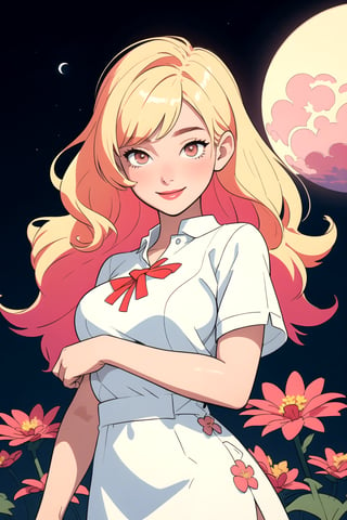 stylized illustration, lineart, expressionism, modern art, cinematic, beautiful, 1girl, 25 years old girl, blonde hair, smile, upper body, breast, light short dress, vegetation, flower, cloud, moon, red theme, colorful, pastel lofi colors, soothing tones, high contrast, low saturation, best quality, high resolution, intricately detailed