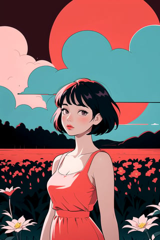 stylized illustration, lineart, expressionism, modern art, cinematic, beautiful, 1girl, 25 years old girl, upper body, breast, light short dress, vegetation, flower, cloud, moon, red theme, colorful, pastel lofi colors, soothing tones, high contrast, low saturation, best quality, high resolution, detailed