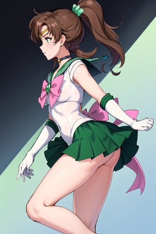 best quality, highres, sailor Jupiter, green eyes, ponytail, jewelry, sailor senshi uniform, green sailor collar, choker, white elbow gloves, pink bow, brooch, leotard, green skirt, smjupiter, slender body, long legs, side view 