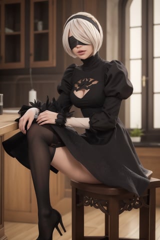 Hyper realistic, very real, masterpiece, best quality, highres, 18yo girl, slender waist, blindfold, long sleeves, puffy sleeves, juliet sleeves, black hairband, black dress, skirt, yorha no. 2 type b, n_2b, sitting on a stool, spreading her legs 