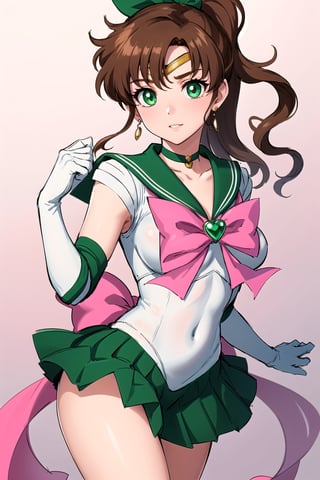 best quality, highres, sailor Jupiter, green eyes, ponytail, jewelry, sailor senshi uniform, green sailor collar, choker, white elbow gloves, pink bow, brooch, leotard, green skirt, smjupiter, closeup face picture, beautiful face portrait, makeup,