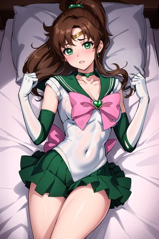 masterpiece, best quality, highres, sailor Jupiter, green eyes, ponytail, jewelry, sailor senshi uniform, green sailor collar, choker, elbow gloves, white gloves, pink bow, brooch, leotard, green skirt, smjupiter, lying on bed, overhead view, slender body, moaning, blushing 