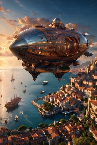 masterpiece, best quality, highres, photo realistic, ((1 small Airship)), (The Airship is flying over the Italian port town), An aerial view of a coastal town in Italy, sunset view, There are many houses with brown tiled roofs in the town, (((The viewer is looking from above, so the airship looks very small))), Ultra wide angle lens angle,Renaissance Sci-Fi Fantasy,more detail XL