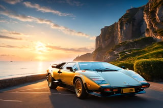 Masterpiece, top quality, high resolution, Lamborghini Countach LP400, oblique back view, parking by the sea, setting sun,  Sunset sky reflection on car body, Wide-angle lens depiction, ((A woman is standing next to the Countach)). ,Car,BBYORF,Renaissance Sci-Fi Fantasy