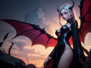 Plot, succubus girl posing in a fairy tale, white demon wings: 1.9, complex scene style, glitter, purple, realistic style, 8k, Exposure blending, medium shot, bokeh, (HDR: 1.4), high contrast, (cinematic, dark red and black film), (muted colors, dim colors, soothing tones: 1.3), low saturation, (over-detailed: 1.2), (noir: 0.4)