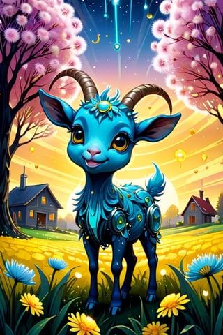 cuteness overload, 2d, flat, splatter ink, liquid ink, paint dripping, sci-fi, futuristic, fairytale, biomechanical glass metal transparent cute happy cyborg goat gremlin creature made of dandelion flowers. spring trees. rye field, farm house, biomechanical glass cyborg parts, glowing eyes, fragility, dynamic pose, intricated, filigree, glowing eyes, sunbeams, Craola, Dan Mumford, Andy Kehoe, otherworldly, cute creepy, celestial, complex background, spring sunset, cute, adorable, ultra highly detailed, cinematic, masterpiece, art on a cracked paper, vintage, patchwork