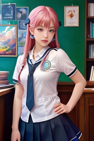 Schoolgirl with long pink hair, freckles and blue eyes wearing an elegant uniform in school, Art inspired by various talented artists and studios. The illustration depicts an anime school life scene influenced by the works of Guweiz, india eisley, Wlop, Ilya Kuvshinov, Artgerm, Makoto Shinkai, and Studio Ghibli. The style is a fusion of their unique art styles, combining vibrant colors, detailed backgrounds, and expressive characters.,chibi,jennierubyjenes,4nime style