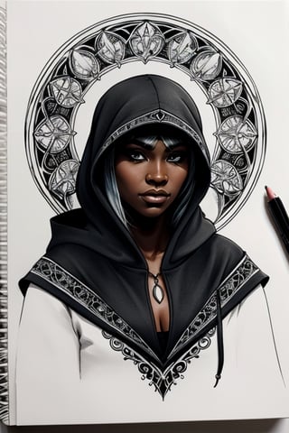 female drow elf with black skin and white hair, dark clothing with hood, rpg character, whimsical, visually rich, sketch book, bits of color, slightly coloured, rough sketch, art nouveau, ink lines, ink art 